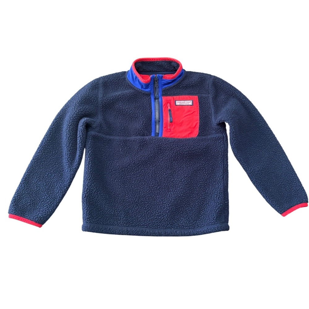 Vineyard Vines Boys Sherpa Pullover 7 Navy Blue Red Quarter Zip Fleece Top